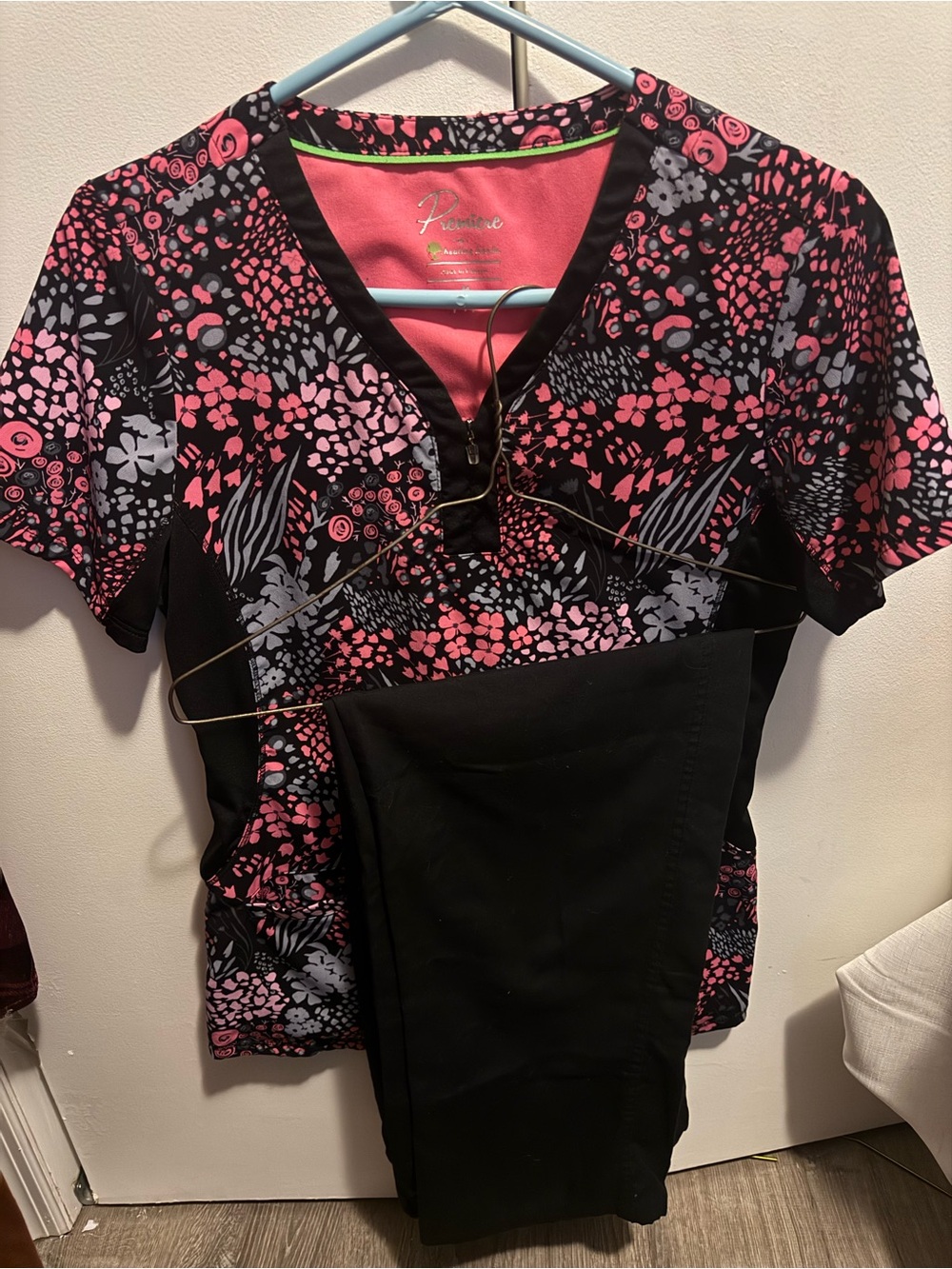 Women's Black and Pink Floral V-Neck Medical Scrub Top